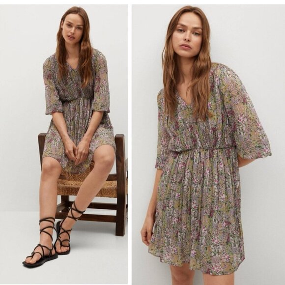 MNG Mango Floral Pleated Mini Dress 3/4 Puff Sleeve V-Neck Flowy Boho Size 6